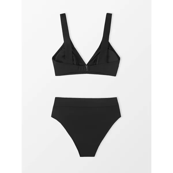 imageCUPSHE Bikini Set for Women Swimsuit High Waisted V Neck Wide Straps Back Hook Removable Push UpBlack
