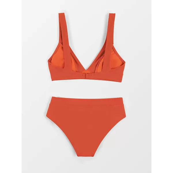 imageCUPSHE Bikini Set for Women Swimsuit High Waisted V Neck Wide Straps Back Hook Removable Push UpBrick Red