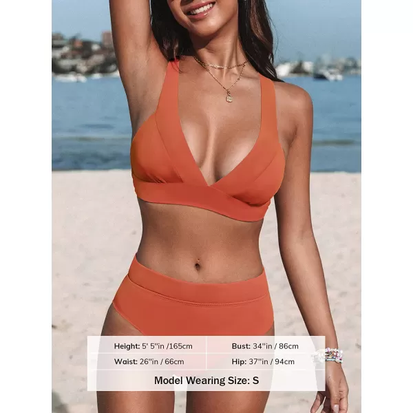 imageCUPSHE Bikini Set for Women Swimsuit High Waisted V Neck Wide Straps Back Hook Removable Push UpBrick Red