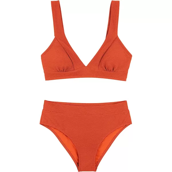 imageCUPSHE Bikini Set for Women Swimsuit High Waisted V Neck Wide Straps Back Hook Removable Push UpBrick Red