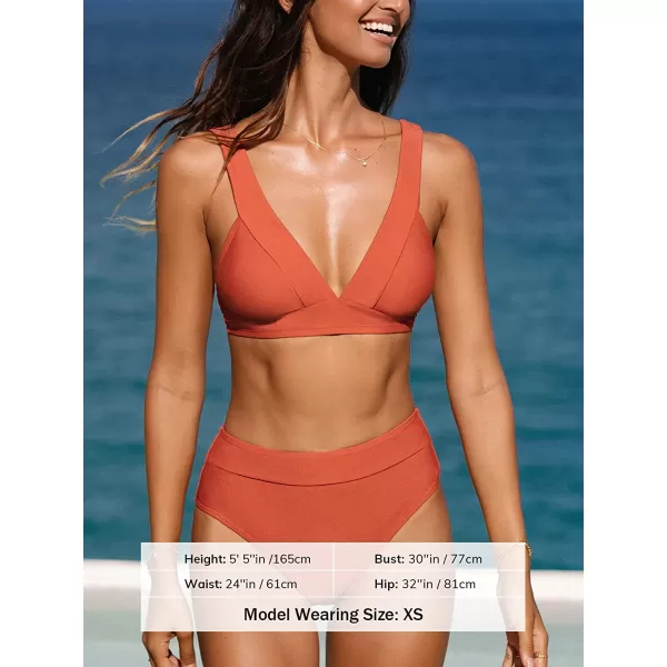 imageCUPSHE Bikini Set for Women Swimsuit High Waisted V Neck Wide Straps Back Hook Removable Push UpBrick Red