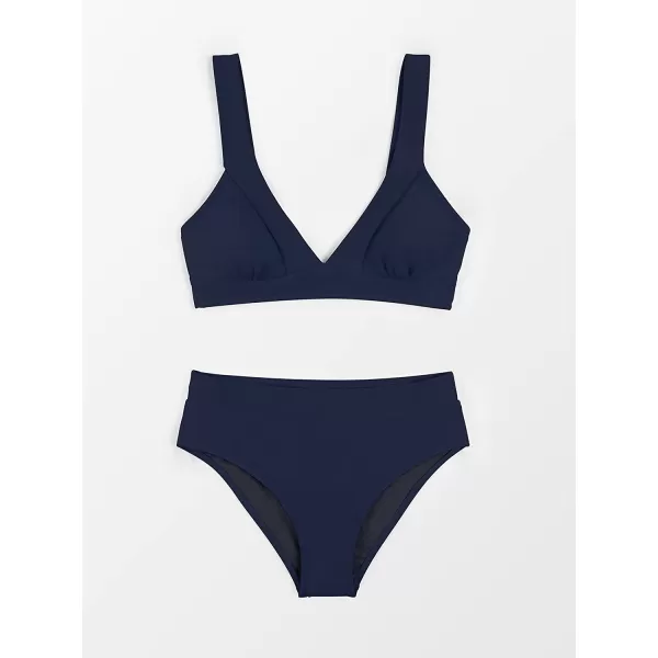 imageCUPSHE Bikini Set for Women Swimsuit High Waisted V Neck Wide Straps Back Hook Removable Push UpDark Blue