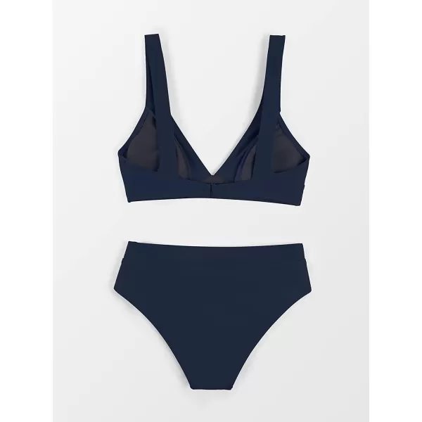 imageCUPSHE Bikini Set for Women Swimsuit High Waisted V Neck Wide Straps Back Hook Removable Push UpDark Blue