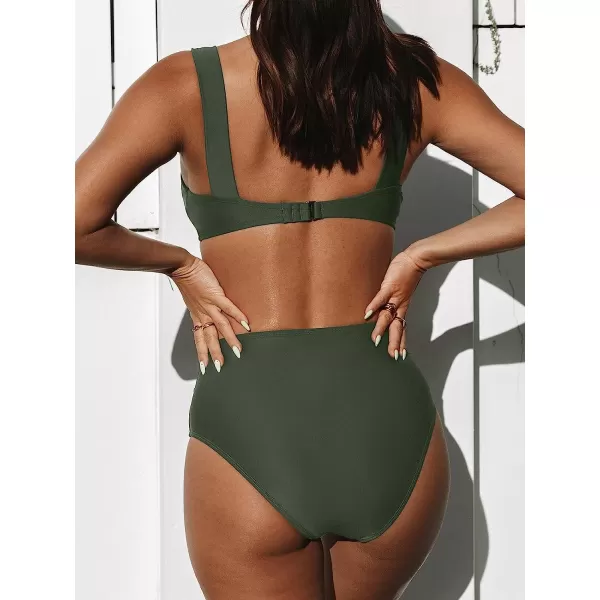 imageCUPSHE Bikini Set for Women Swimsuit High Waisted V Neck Wide Straps Back Hook Removable Push UpGreen