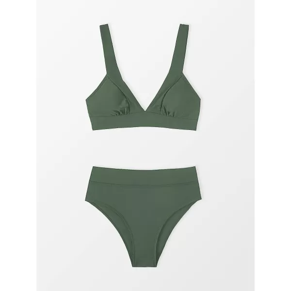 imageCUPSHE Bikini Set for Women Swimsuit High Waisted V Neck Wide Straps Back Hook Removable Push UpGreen