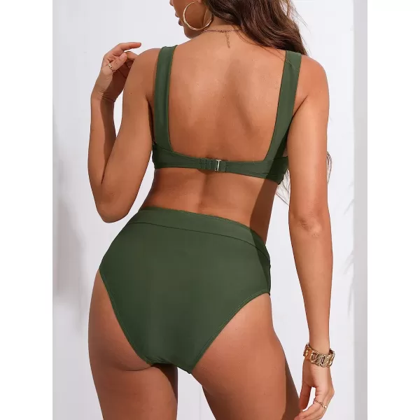 imageCUPSHE Bikini Set for Women Swimsuit High Waisted V Neck Wide Straps Back Hook Removable Push UpGreen