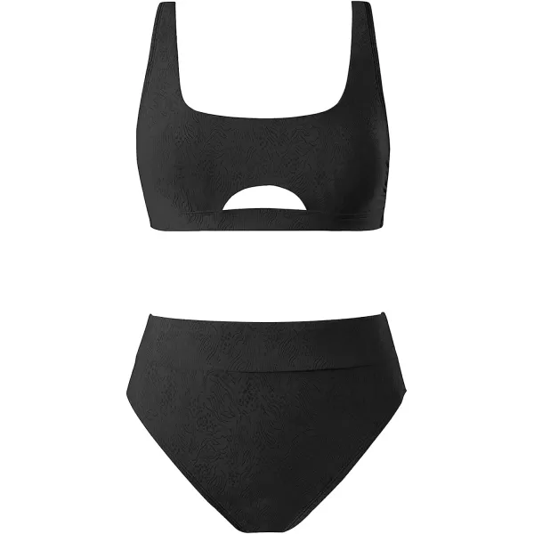 imageCUPSHE Bikini Set for Women Two Piece Bathing Suits High Waisted Square Neck Cutout Adjustable Straps Back HookBlack