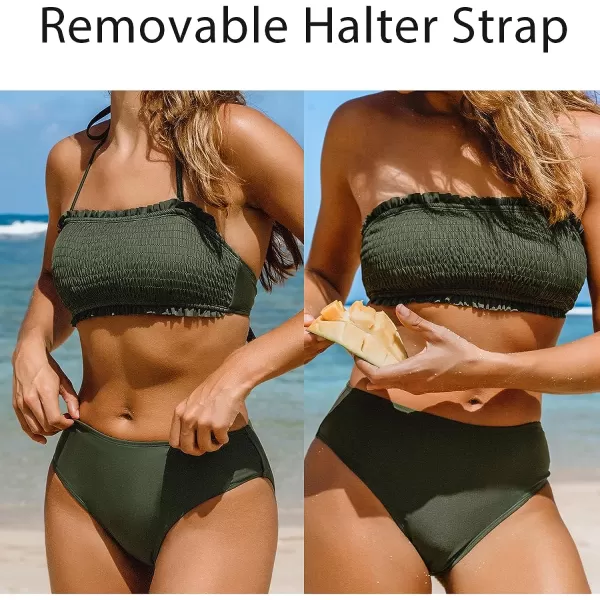 imageCUPSHE Bikini Set for Women Two Piece Swimsuit Bandeau Top Back Tie Mid Waisted Bottom with Removable Shoulder StrapsArmy Green