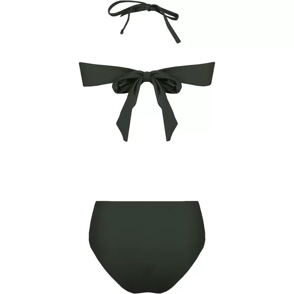 imageCUPSHE Bikini Set for Women Two Piece Swimsuit Bandeau Top Back Tie Mid Waisted Bottom with Removable Shoulder StrapsArmy Green