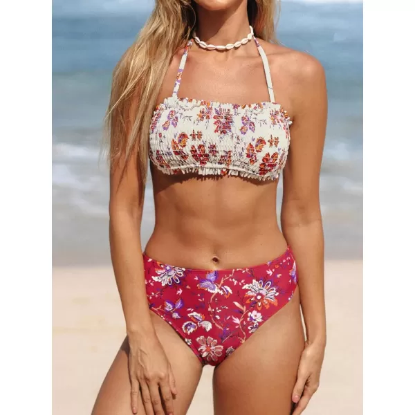 imageCUPSHE Bikini Set for Women Two Piece Swimsuit Bandeau Top Back Tie Mid Waisted Bottom with Removable Shoulder StrapsBeige Red