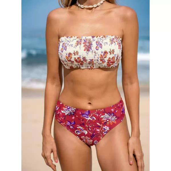 imageCUPSHE Bikini Set for Women Two Piece Swimsuit Bandeau Top Back Tie Mid Waisted Bottom with Removable Shoulder StrapsBeige Red
