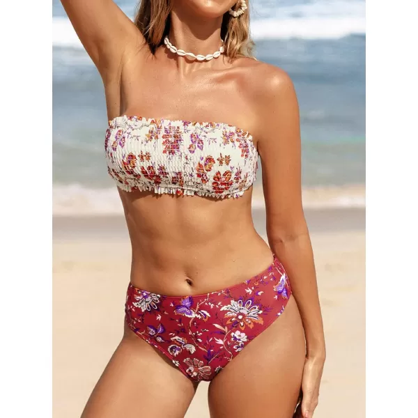 imageCUPSHE Bikini Set for Women Two Piece Swimsuit Bandeau Top Back Tie Mid Waisted Bottom with Removable Shoulder StrapsBeige Red