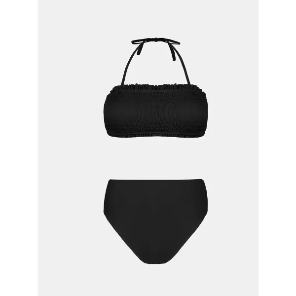 imageCUPSHE Bikini Set for Women Two Piece Swimsuit Bandeau Top Back Tie Mid Waisted Bottom with Removable Shoulder StrapsBlack