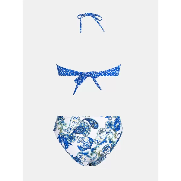 imageCUPSHE Bikini Set for Women Two Piece Swimsuit Bandeau Top Back Tie Mid Waisted Bottom with Removable Shoulder StrapsBlue Paisley