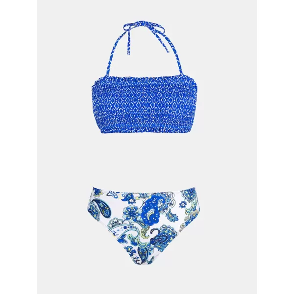 imageCUPSHE Bikini Set for Women Two Piece Swimsuit Bandeau Top Back Tie Mid Waisted Bottom with Removable Shoulder StrapsBlue Paisley