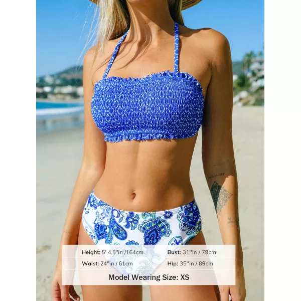 imageCUPSHE Bikini Set for Women Two Piece Swimsuit Bandeau Top Back Tie Mid Waisted Bottom with Removable Shoulder StrapsBlue Paisley