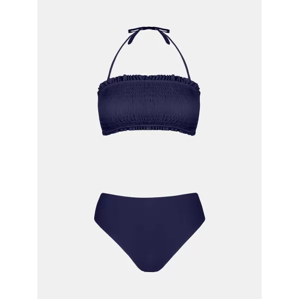 imageCUPSHE Bikini Set for Women Two Piece Swimsuit Bandeau Top Back Tie Mid Waisted Bottom with Removable Shoulder StrapsDark Blue
