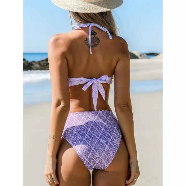 imageCUPSHE Bikini Set for Women Two Piece Swimsuit Bandeau Top Back Tie Mid Waisted Bottom with Removable Shoulder StrapsLight Purple