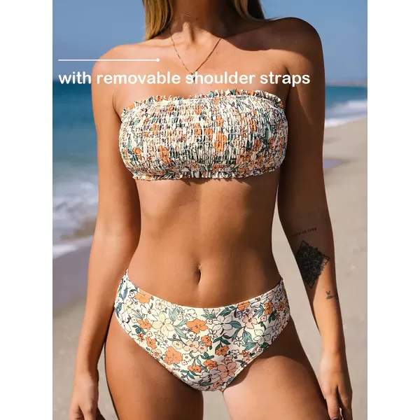 imageCUPSHE Bikini Set for Women Two Piece Swimsuit Bandeau Top Back Tie Mid Waisted Bottom with Removable Shoulder StrapsMulticolor