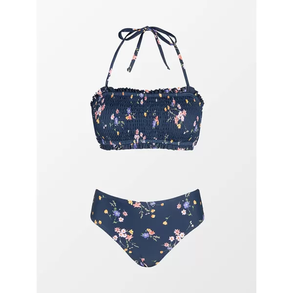 imageCUPSHE Bikini Set for Women Two Piece Swimsuit Bandeau Top Back Tie Mid Waisted Bottom with Removable Shoulder StrapsNavy Floral