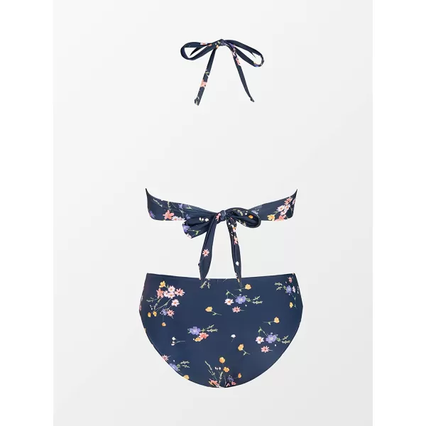 imageCUPSHE Bikini Set for Women Two Piece Swimsuit Bandeau Top Back Tie Mid Waisted Bottom with Removable Shoulder StrapsNavy Floral