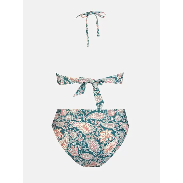 imageCUPSHE Bikini Set for Women Two Piece Swimsuit Bandeau Top Back Tie Mid Waisted Bottom with Removable Shoulder StrapsPaisley Print