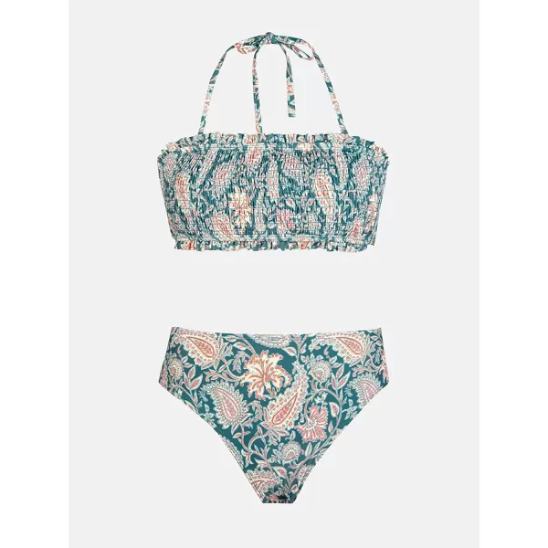 imageCUPSHE Bikini Set for Women Two Piece Swimsuit Bandeau Top Back Tie Mid Waisted Bottom with Removable Shoulder StrapsPaisley Print