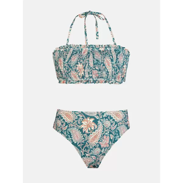 imageCUPSHE Bikini Set for Women Two Piece Swimsuit Bandeau Top Back Tie Mid Waisted Bottom with Removable Shoulder StrapsPaisley Print