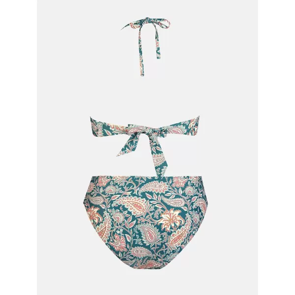 imageCUPSHE Bikini Set for Women Two Piece Swimsuit Bandeau Top Back Tie Mid Waisted Bottom with Removable Shoulder StrapsPaisley Print