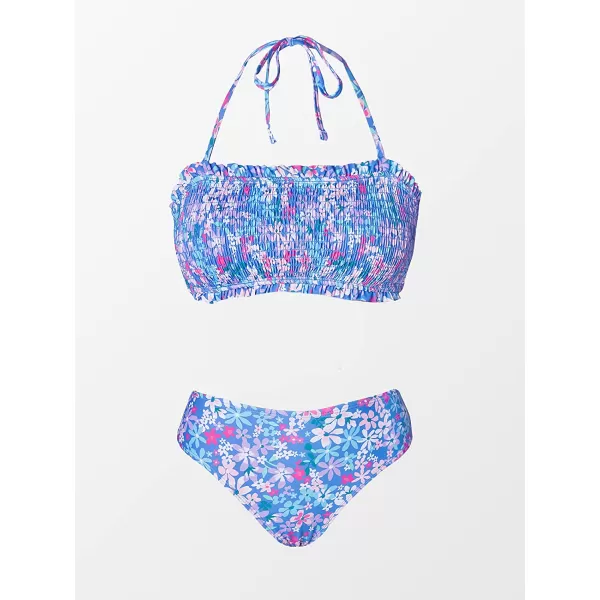 imageCUPSHE Bikini Set for Women Two Piece Swimsuit Bandeau Top Back Tie Mid Waisted Bottom with Removable Shoulder StrapsPurple Blue Floral