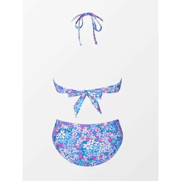 imageCUPSHE Bikini Set for Women Two Piece Swimsuit Bandeau Top Back Tie Mid Waisted Bottom with Removable Shoulder StrapsPurple Blue Floral
