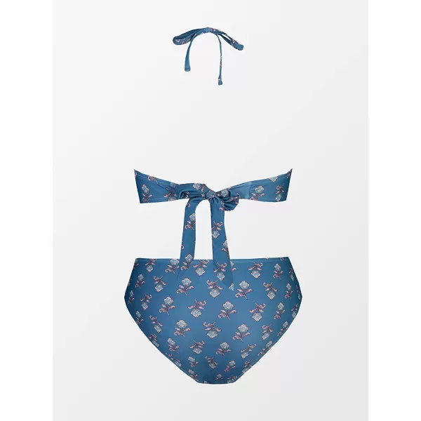 imageCUPSHE Bikini Set for Women Two Piece Swimsuit Bandeau Top Back Tie Mid Waisted Bottom with Removable Shoulder StrapsSteel Blue