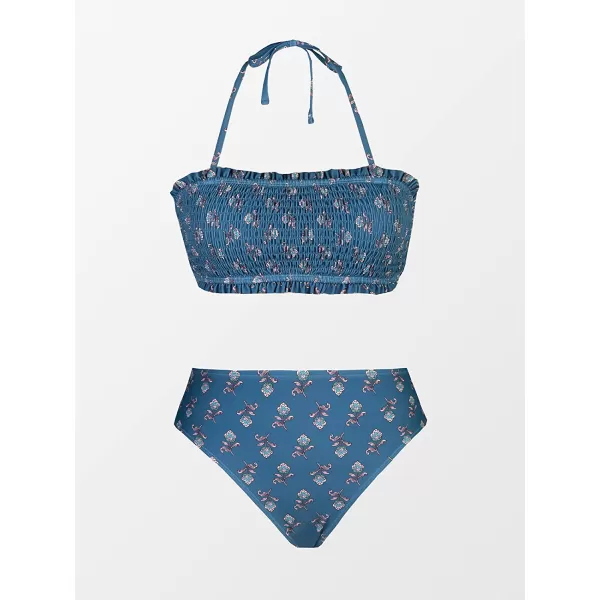 imageCUPSHE Bikini Set for Women Two Piece Swimsuit Bandeau Top Back Tie Mid Waisted Bottom with Removable Shoulder StrapsSteel Blue