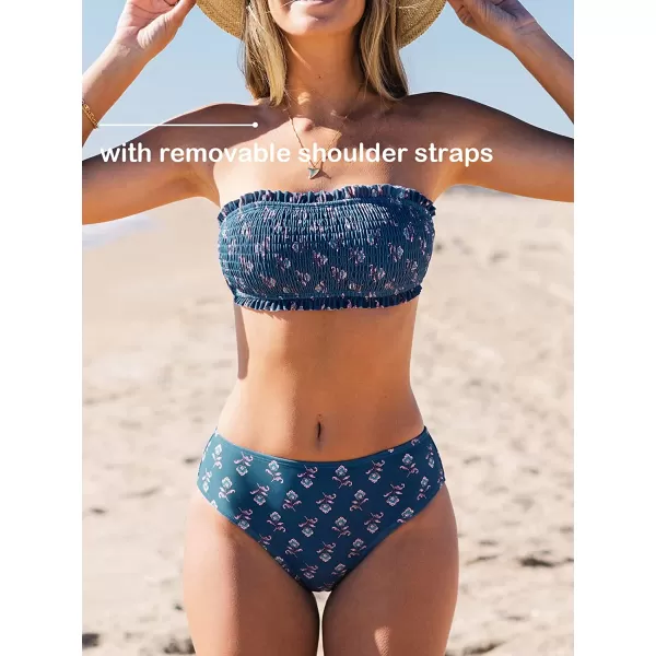 imageCUPSHE Bikini Set for Women Two Piece Swimsuit Bandeau Top Back Tie Mid Waisted Bottom with Removable Shoulder StrapsSteel Blue