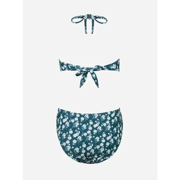 imageCUPSHE Bikini Set for Women Two Piece Swimsuit Bandeau Top Back Tie Mid Waisted Bottom with Removable Shoulder StrapsTeal Blue