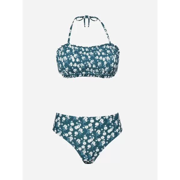 imageCUPSHE Bikini Set for Women Two Piece Swimsuit Bandeau Top Back Tie Mid Waisted Bottom with Removable Shoulder StrapsTeal Blue