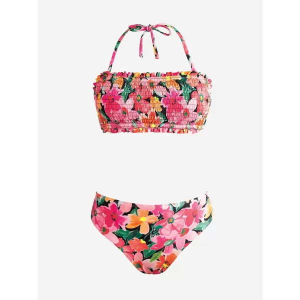 imageCUPSHE Bikini Set for Women Two Piece Swimsuit Bandeau Top Back Tie Mid Waisted Bottom with Removable Shoulder StrapsVibrant Floral Print