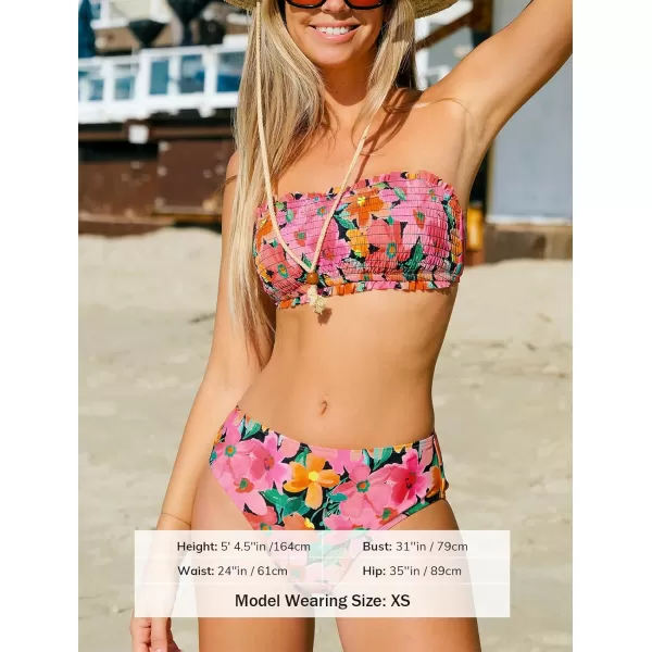imageCUPSHE Bikini Set for Women Two Piece Swimsuit Bandeau Top Back Tie Mid Waisted Bottom with Removable Shoulder StrapsVibrant Floral Print