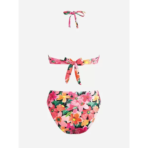 imageCUPSHE Bikini Set for Women Two Piece Swimsuit Bandeau Top Back Tie Mid Waisted Bottom with Removable Shoulder StrapsVibrant Floral Print