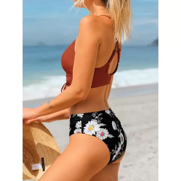 imageCUPSHE Bikini Set for Women Two Piece Swimsuit Floral Print Drawstring Cutout Crisscross Mid Rise Bathing SuitBrick Red and Floral
