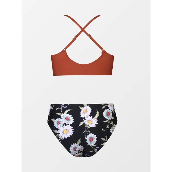 imageCUPSHE Bikini Set for Women Two Piece Swimsuit Floral Print Drawstring Cutout Crisscross Mid Rise Bathing SuitBrick Red and Floral