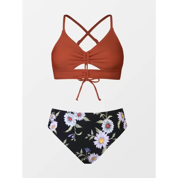 imageCUPSHE Bikini Set for Women Two Piece Swimsuit Floral Print Drawstring Cutout Crisscross Mid Rise Bathing SuitBrick Red and Floral
