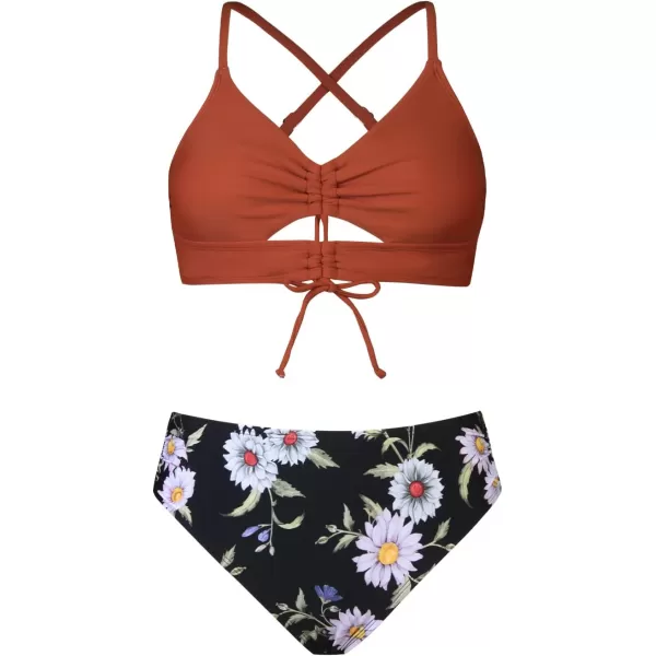 imageCUPSHE Bikini Set for Women Two Piece Swimsuit Floral Print Drawstring Cutout Crisscross Mid Rise Bathing SuitBrick Red and Floral