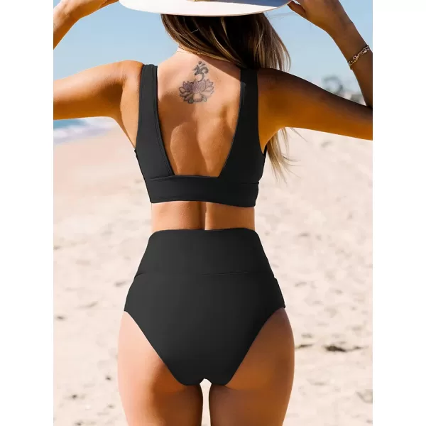 imageCUPSHE Bikini Set for Women Two Piece Swimsuit High Waisted V Neck Ruched Front Wide StrapsBlack