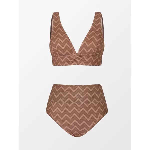 imageCUPSHE Bikini Set for Women Two Piece Swimsuit High Waisted V Neck Ruched Front Wide StrapsBrown Zigzag Stripes
