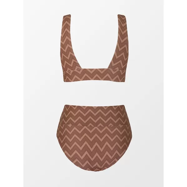 imageCUPSHE Bikini Set for Women Two Piece Swimsuit High Waisted V Neck Ruched Front Wide StrapsBrown Zigzag Stripes