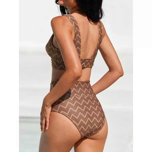imageCUPSHE Bikini Set for Women Two Piece Swimsuit High Waisted V Neck Ruched Front Wide StrapsBrown Zigzag Stripes