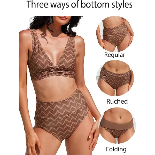 imageCUPSHE Bikini Set for Women Two Piece Swimsuit High Waisted V Neck Ruched Front Wide StrapsBrown Zigzag Stripes