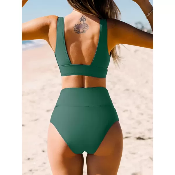 imageCUPSHE Bikini Set for Women Two Piece Swimsuit High Waisted V Neck Ruched Front Wide StrapsGreen