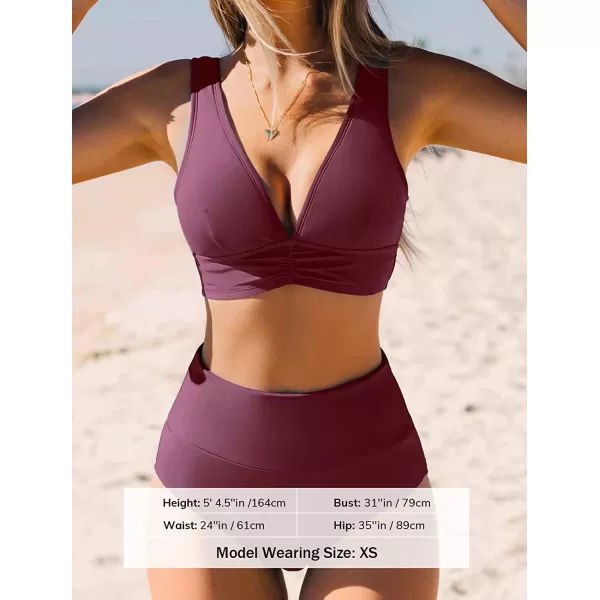 imageCUPSHE Bikini Set for Women Two Piece Swimsuit High Waisted V Neck Ruched Front Wide StrapsPurple